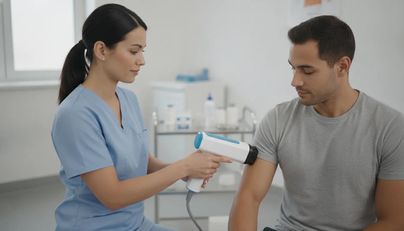 Provider demonstrating SoftWave TRT technology during a clinical treatment