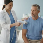 electrohydraulic-shockwave-therapy-explained-149433 Provider demonstrating acoustic wave therapy in a clinical treatment room