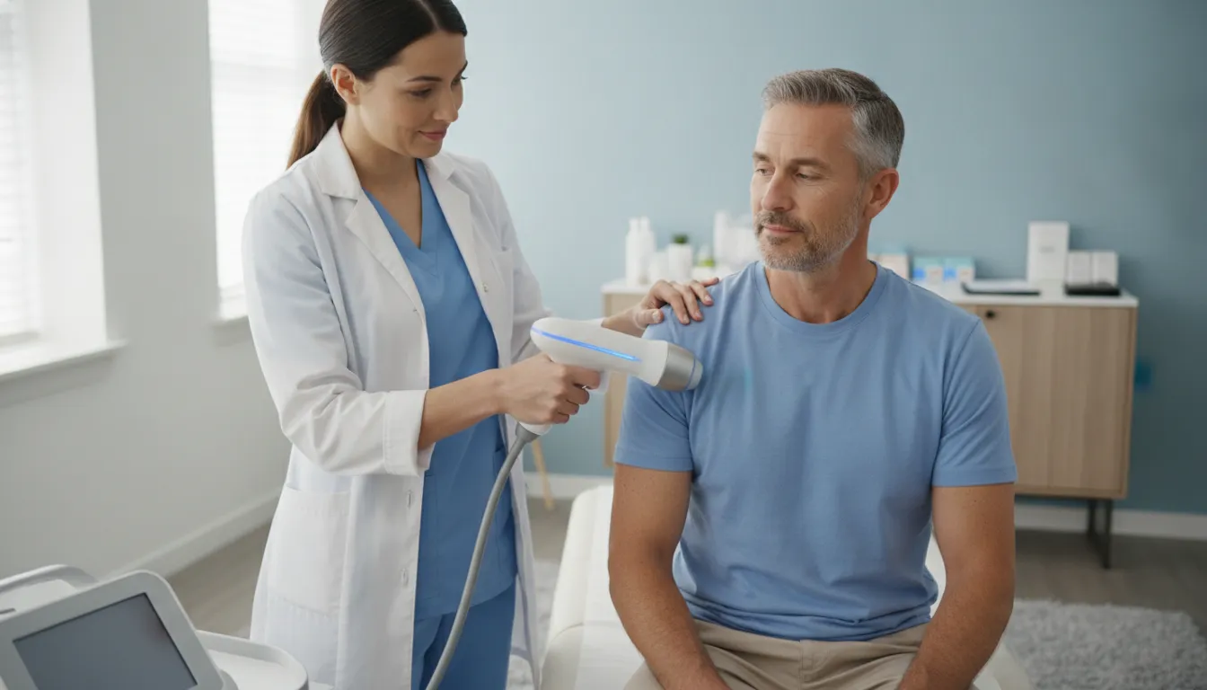 electrohydraulic-shockwave-therapy-explained-149433 Provider demonstrating acoustic wave therapy in a clinical treatment room