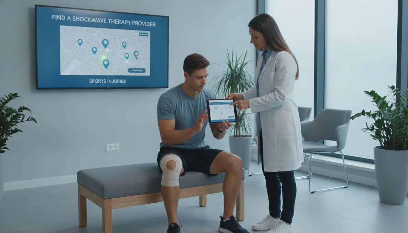 find-a-shockwave-therapy-provider-for-sports-injuries-947551 Patient consulting a doctor about finding a shockwave therapy provider for sports injuries.