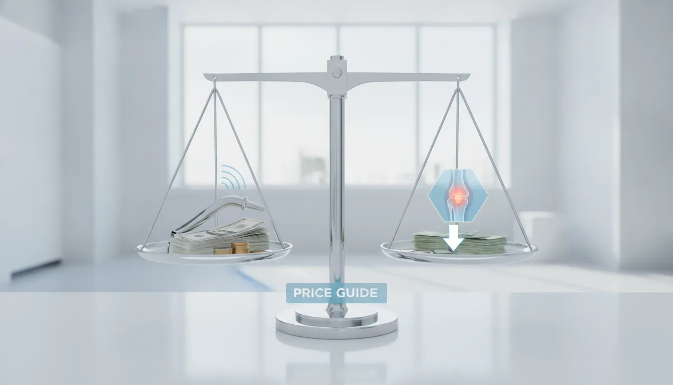 Shock wave therapy cost comparison with money and joint pain symbols on a balance scale.