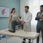 muscle-strain-treatment-safe-steps-for-recovery-672862 Physical therapist guides muscle strain treatment exercises for a patient wearing an arm sling.