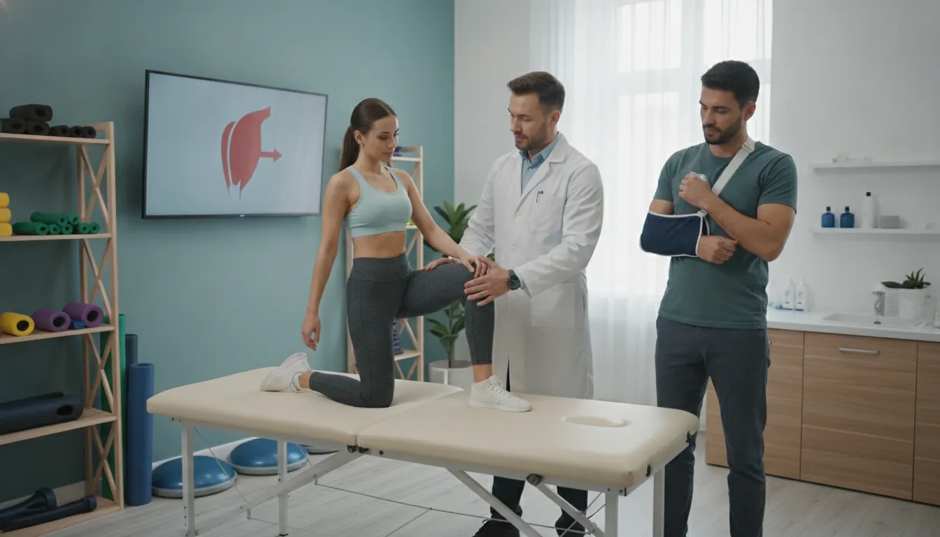 Physical therapist guides muscle strain treatment exercises for a patient wearing an arm sling.