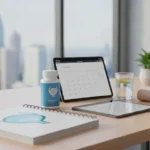 overactive-bladder-treatment-a-complete-care-guide-264259 Overactive bladder treatment supplies with medication bottle, digital calendar, wearable device, and water glass.
