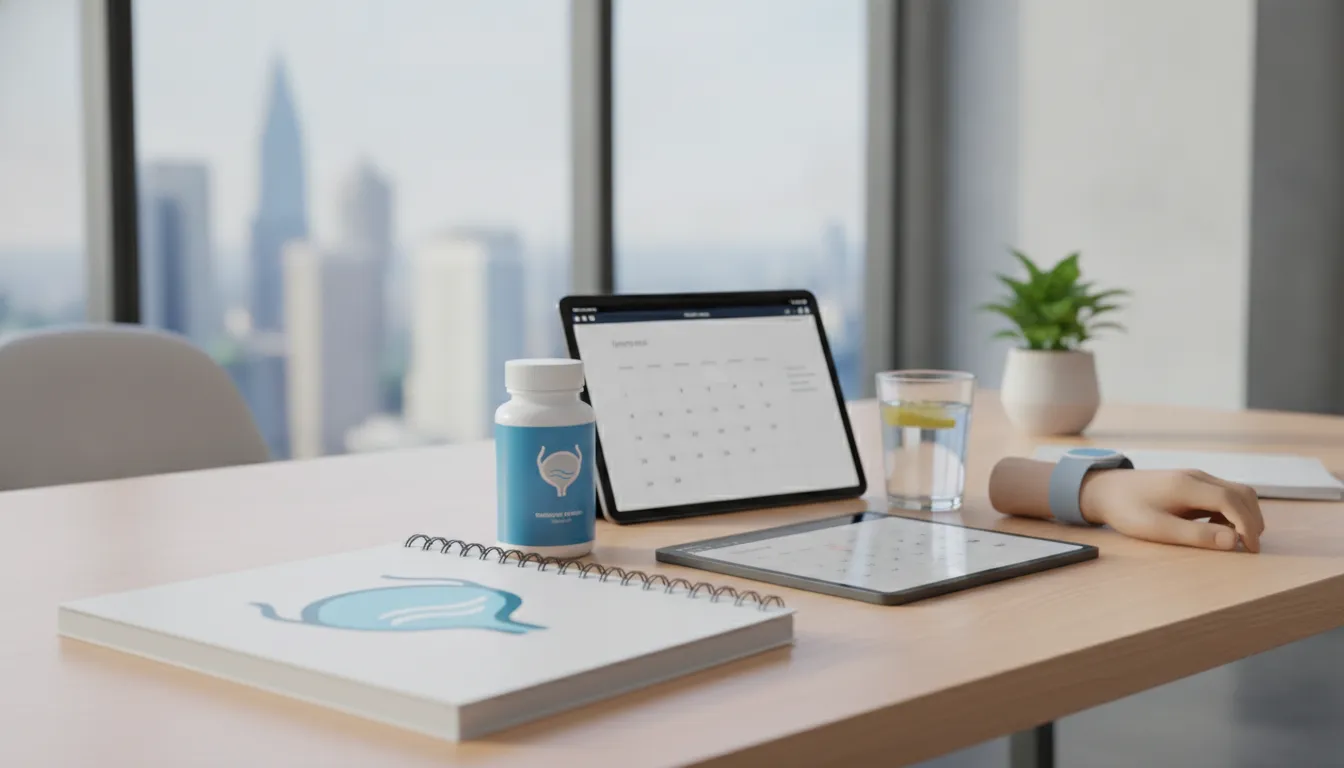 Overactive bladder treatment supplies with medication bottle, digital calendar, wearable device, and water glass.