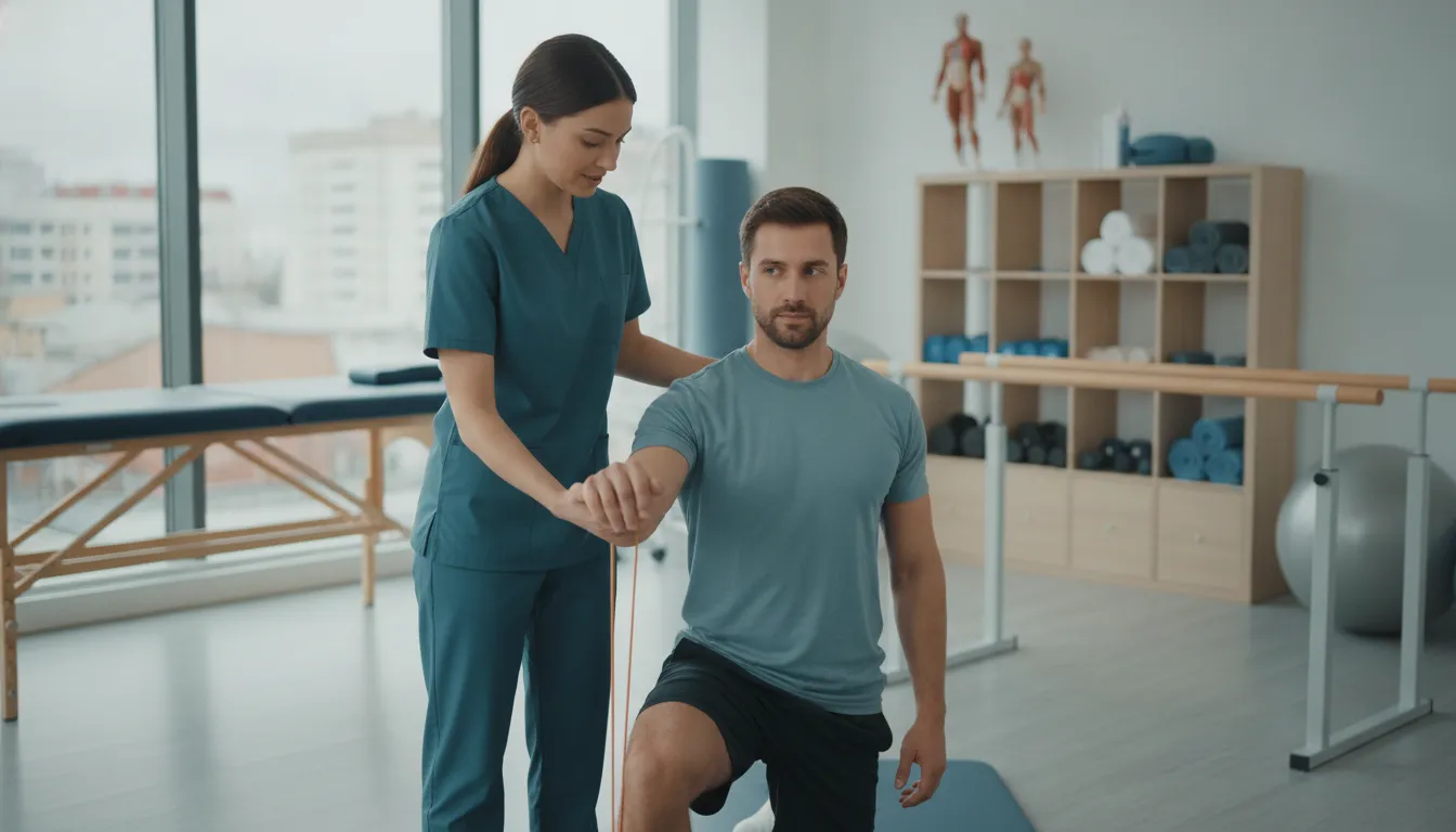 Physical therapist assists patient with an arm exercise during a physical therapy session.