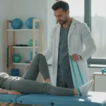physical-therapy-treatment-for-sciatica-pain-a-guide-366114 Physical therapist guiding a woman through a leg exercise for sciatica pain.