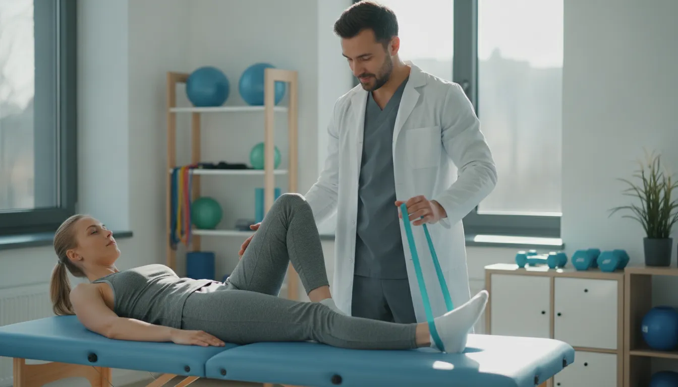 Physical therapist guiding a woman through a leg exercise for sciatica pain.