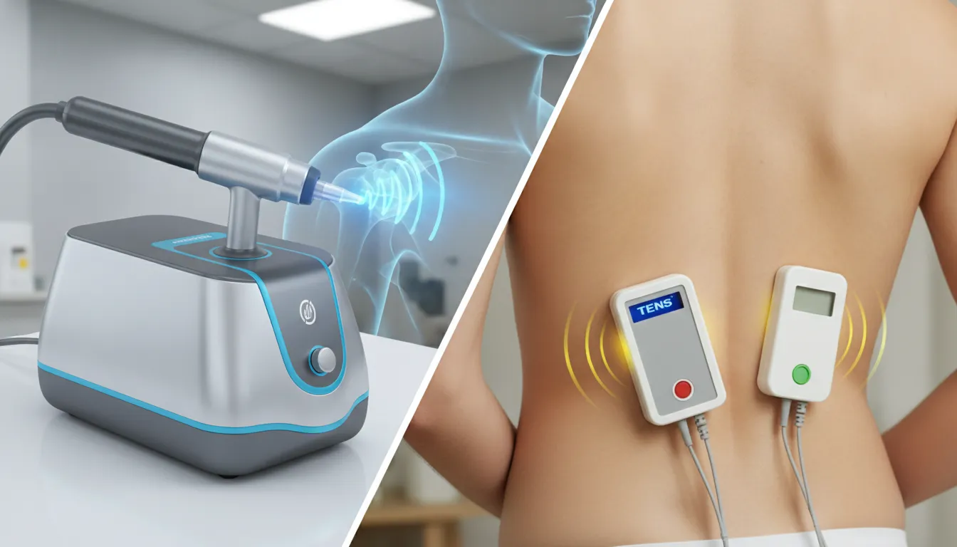 Shock wave therapy device vs. TENS unit for pain relief and rehabilitation.