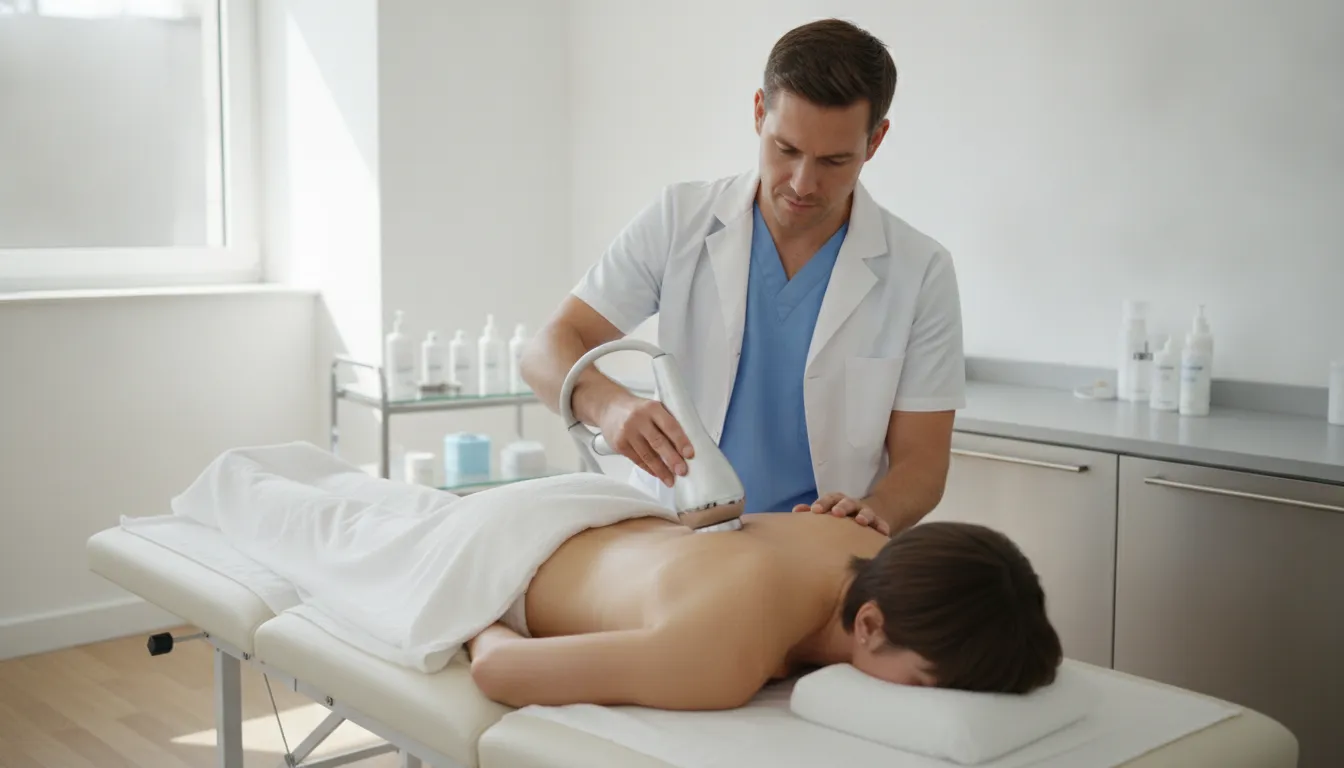 Clinician applying acoustic wave therapy to a patient's lower back