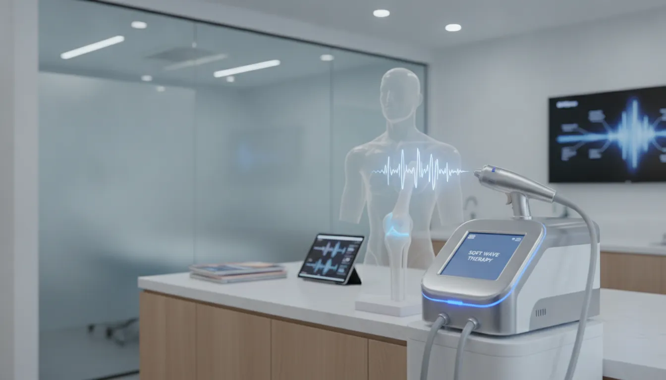soft-wave-therapy-an-evidence-aware-guide-674060 SoftWave therapy device with digital display and anatomical model in a modern clinic.