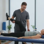 Physical therapist guiding a leg exercise to treat sciatica during a physical therapy session.