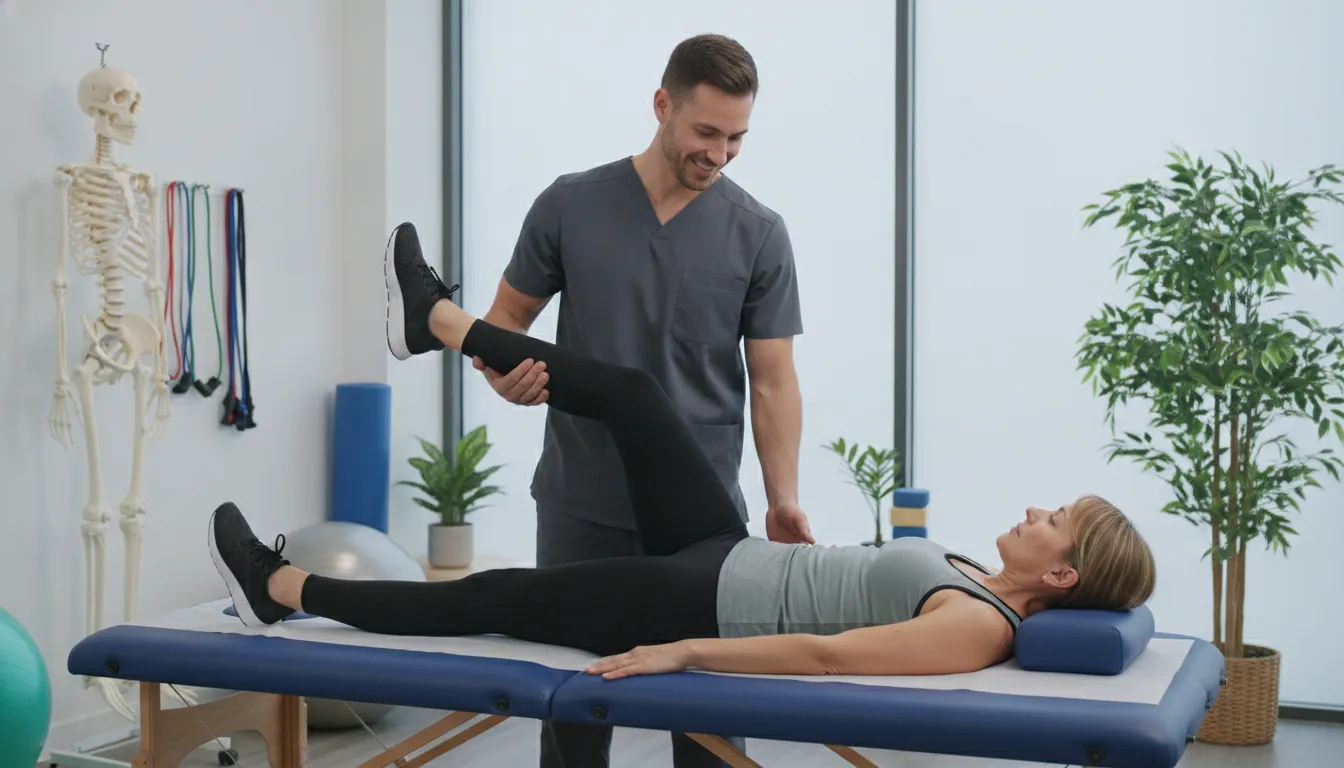 Physical therapist guiding a leg exercise to treat sciatica during a physical therapy session.
